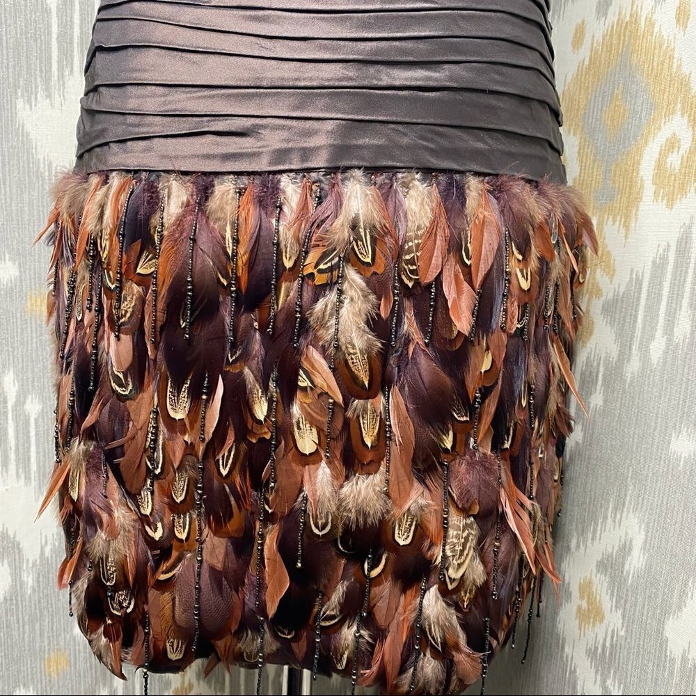 Ralph Lauren Vintage Brown Ruched Silk Taffeta Pheasant Feather Cocktail Dress - Picture 4 of 16